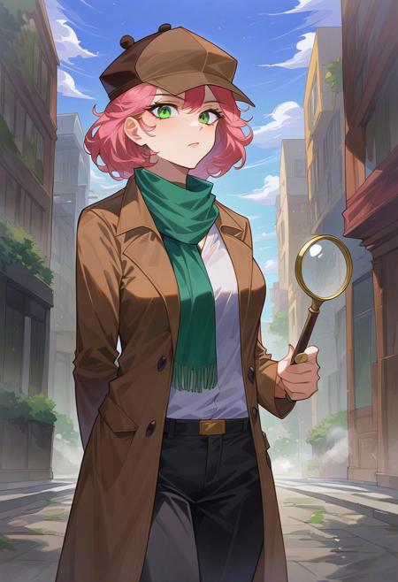 Masterpiece, High quality, OC, Female Adult woman, solo, 1girl, Detective woman, Short pink hair, Green eyes, Long Brown detective coat, brown Detective deerstalker hat, green scarf, black pants, serious face expression, looking through magnifying glass, Bending downward, Brooklyn streets, nighttime, Tall light pols, Fog