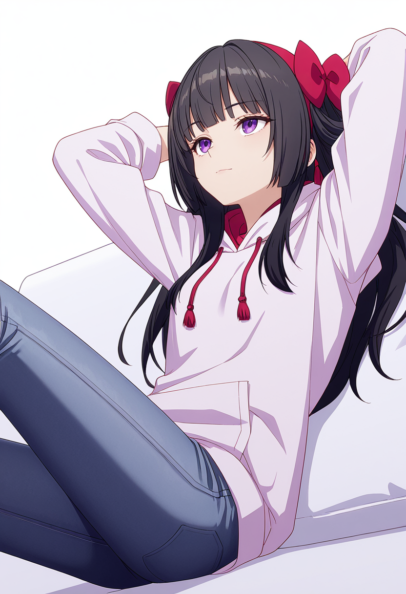 Smooth Quality,masterpiece,very intricate, high quality details, ultra realistic, high detailed skin,detailed enviorement,absurdres,
 <lora:Amatsu_Karla_CNR:0.8> amatsu_cnr, 1girl,black hair, long hair, purple eyes, blunt bangs, sidelocks,hair bow, hairband,, simple background, white background, dutch angle,
reclining, arms folded behind head, one knee bent, looking up, peaceful mood,  ,, zip-up hoodie, ,chef coat,  ,skinny jeans, ,, . .,
