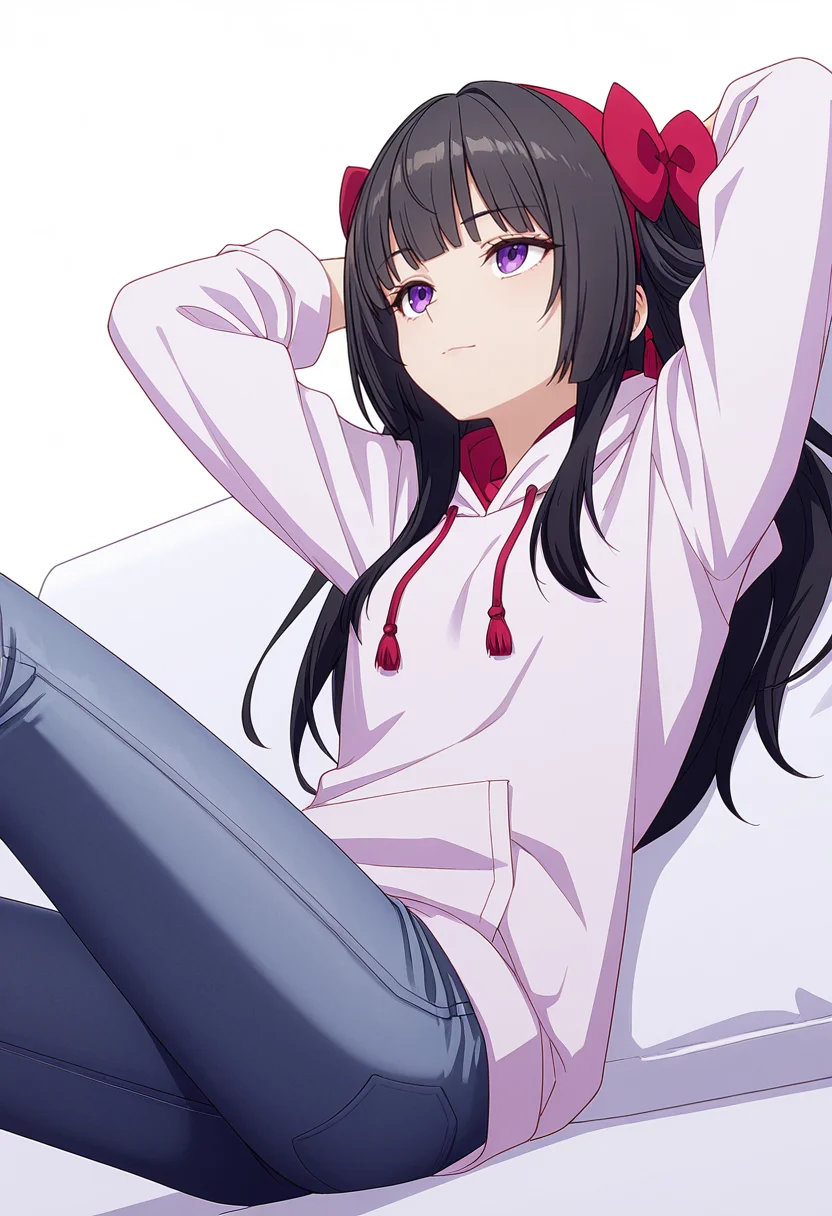 Smooth Quality,masterpiece,very intricate, high quality details, ultra realistic, high detailed skin,detailed enviorement,absurdres,
 <lora:Amatsu_Karla_CNR:0.8> amatsu_cnr, 1girl,black hair, long hair, purple eyes, blunt bangs, sidelocks,hair bow, hairband,, simple background, white background, dutch angle,
reclining, arms folded behind head, one knee bent, looking up, peaceful mood,  ,, zip-up hoodie, ,chef coat,  ,skinny jeans, ,, . .,