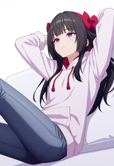 Smooth Quality,masterpiece,very intricate, high quality details, ultra realistic, high detailed skin,detailed enviorement,absurdres,
 <lora:Amatsu_Karla_CNR:0.8> amatsu_cnr, 1girl,black hair, long hair, purple eyes, blunt bangs, sidelocks,hair bow, hairband,, simple background, white background, dutch angle,
reclining, arms folded behind head, one knee bent, looking up, peaceful mood,  ,, zip-up hoodie, ,chef coat,  ,skinny jeans, ,, . .,
