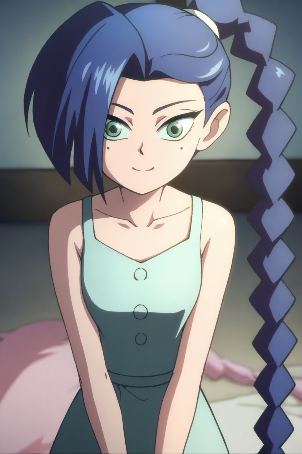 <lora:meihuashisan:1>,meihuashisan,1girl,solo,long hair,blue hair,mole,mole under eye,green eyes,
braid,dress,collarbone,single braid,
smile,looking at viewer,, masterpiece,best quality,amazing quality,absurdres, anime screenshot, lazypos ,