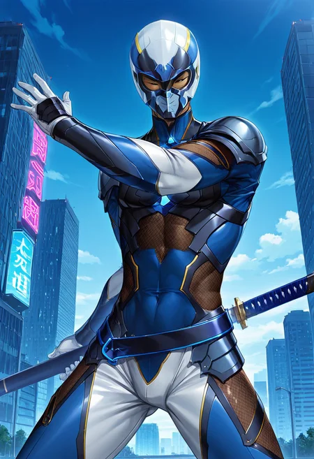 score_9,score_8_up,score_7_up,source_anime,5_figner,2d_animation,game cg,BREAK,1boy,solo,closes right eye,
Fuuma Kotarou,short hair,black hair,dark-skinned male,toned,
bodysuit,shoulder armor,armor,legs apart,fishnets
belt,tassel,sheathed,katana,helmet,mask,
cowboy shot,fighting stance,
front view,
skyscraper, neon light, starry, edge, tile,outdoor,cloud,
masterpiece,best qualit,ultra-detailed,illustration,an extremely delicate and beautiful,beautiful detailed eyes,unity 8k wallpaper,high resolution,anime CG,official_art,