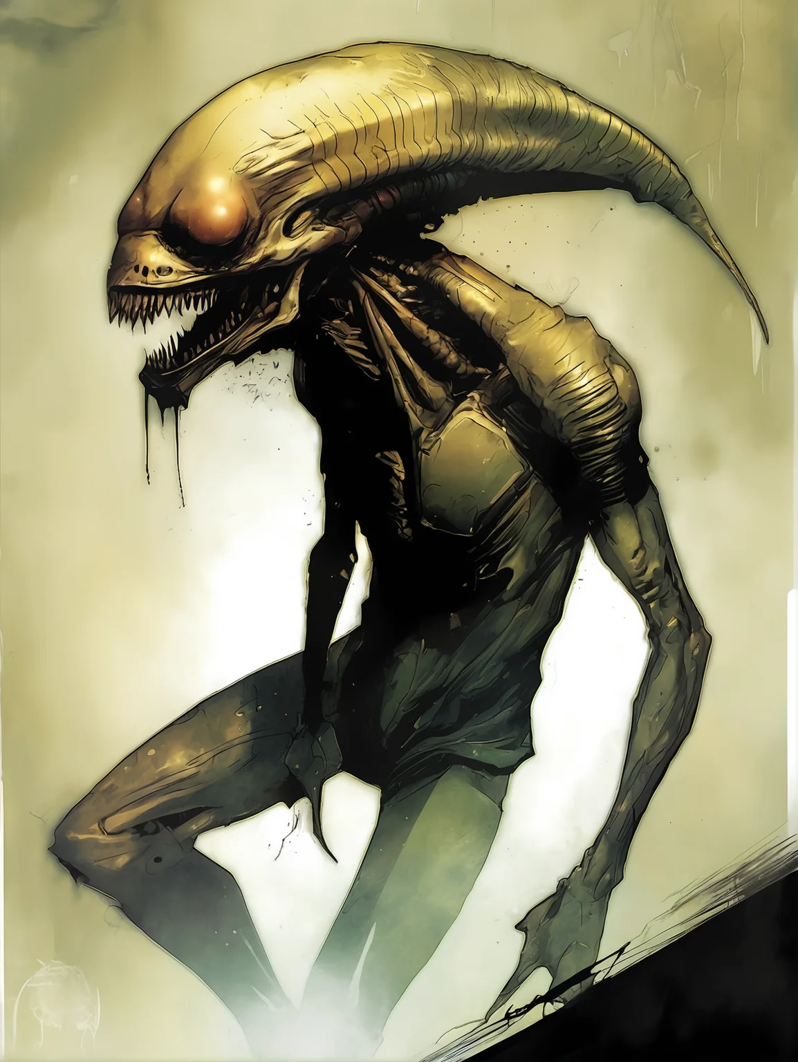 bentemplesmithstyle, alien with sharp teeth