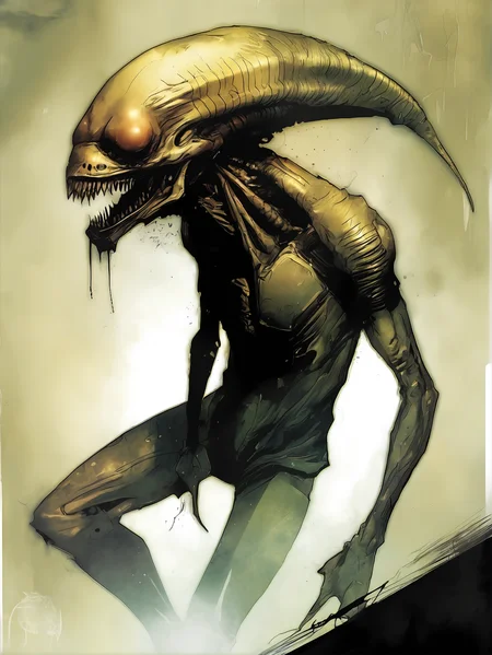 bentemplesmithstyle, alien with sharp teeth