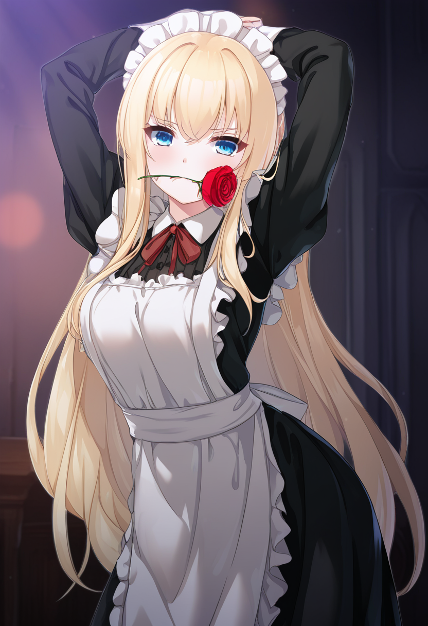 masterpiece,best quality,amazing quality,absurdres,aesthetic,newest,
emmaayakushin, 1girl, solo, blonde hair, very long hair, hair between eyes, sidelocks, blue eyes, blush, frown,
maid, maid headdress,medium breasts,
rose in mouth, mouth hold, flower in mouth, red rose, dancing, dynamic pose, 
dramatic lighting,cinematic lighting,
 <lora:roseinmouth_Illust_v1:0.7000000000000001> <lora:emmaayakushin_noob_vpred10_v10:1.0>