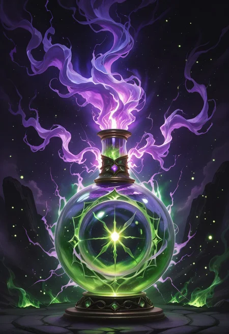 Score_9, Score_8_up, Score_7_up, Score_6_up, Score_5_up, Score_4_up, high_def, highest quality, 4k, best quality, masterpiece, no humans, object focus, focused, defined, (Photorealistic magic potion:1.3), intricate glass bottle, elixir, purple colors, green colors, black gues , bubbling, ethereal light, flashy lights, magic lights, luminous, dynamic reflections, magical aura, highly detailed, fantasy essence, glowing particles, radiant aura, A3THER, no humans