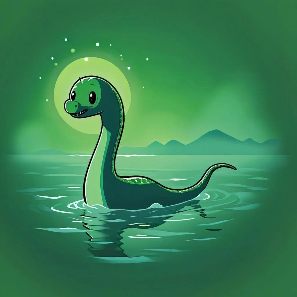 cartoon of The Loch Ness Monster (Nessie)  in (ctswx:1.2) style, cute, chibi, joyous expression,  candid pose, glowing ethereal background, rim lighting,      <lora:Cute_Tshirt_Style_XL_v5.1-000017:1>