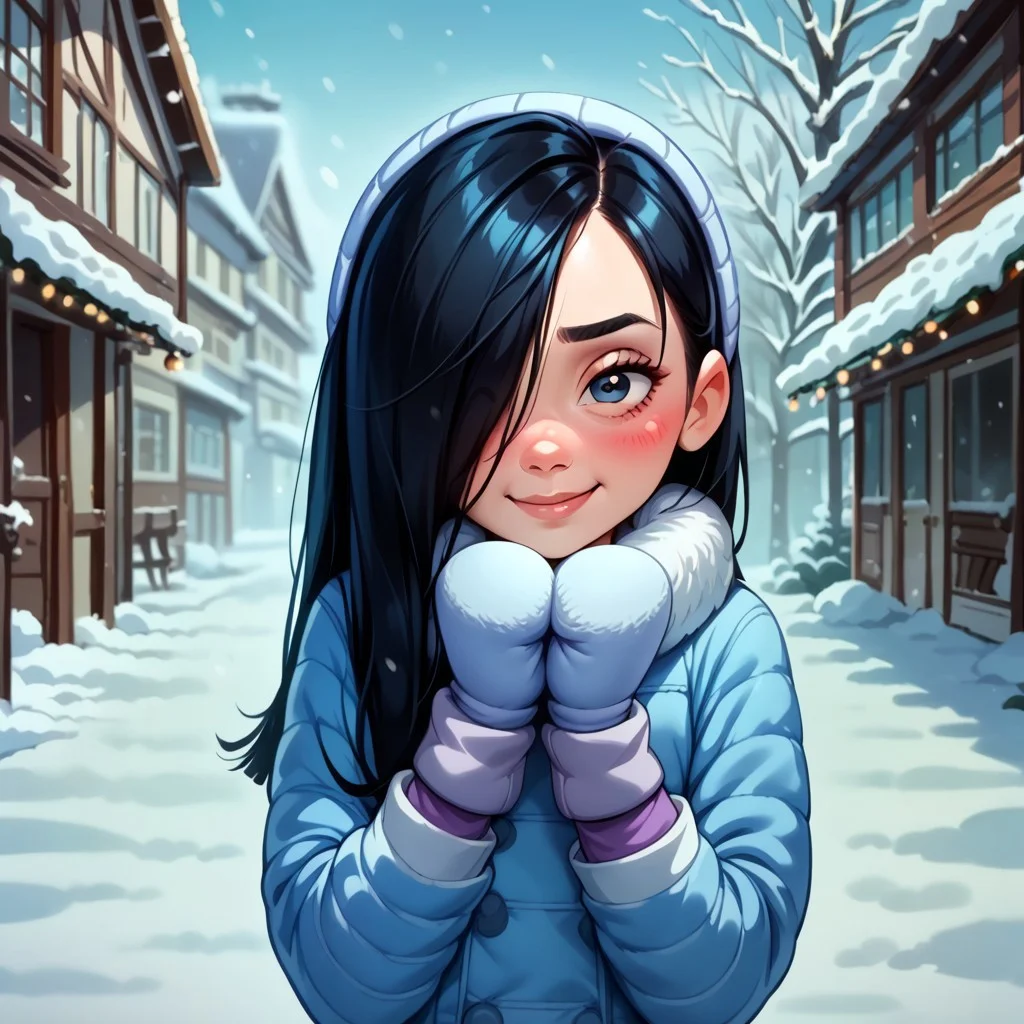 score_9, score_8_up, score_7_up, score_6_up, score_5_up, score_4_up, 1girl, VioletParr, long hair , hair covering one eye, black hair, blushing, , standing, light smile, snow clothes, winter clothes, snow , mittens, half close eyes, blowing kiss, k1ss3s