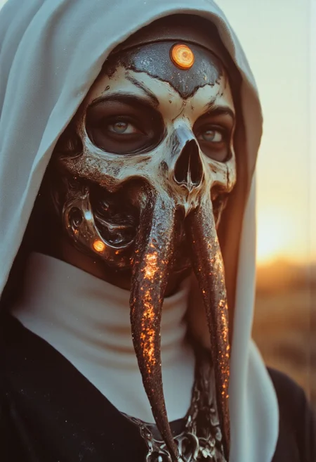 An extreme close-up Closeup of the nun’s face, framed by the intense, gritty realism of an old analog camera. The mechanical Skull octopus hknuns nun wears a detailed, ancient silver mask, its surface weathered and battle-scarred, yet intricately adorned with delicate engravings. The mask reflects the faint glow of divine energy, with radiant golden and white light flickering across its surface, A powerful nun iconic one from Final Fantasy. The scene is set during an eerie sundawn, where swirling dust and wind cause her translucent nun's habit to billow dramatically. a gritty, ominous vibe. The sun's orange and gray hues blend into the sky as her tattered habit flutters. The atmosphere is cinematic, with hyper-realistic detail, soft shadows, and an intense, otherworldly mood in a desolate desert landscape. Moody Closeup Portrait, feudal Silk Road style, amazing quality, masterpiece, best quality, hyper detailed, ultra detailed, UHD, dof, hyper-realism, majestic, awesome, inspiring. Her torn nun's habit glowing dress flap in the breeze, exuding a laid-back yet dangerous vibe. The photo features faded colors, with a limited palette of gray, beige, and washed-out orange, capturing her cool, striking appearance.. cinematic composition, soft shadows, national geographic style, mythp0rt