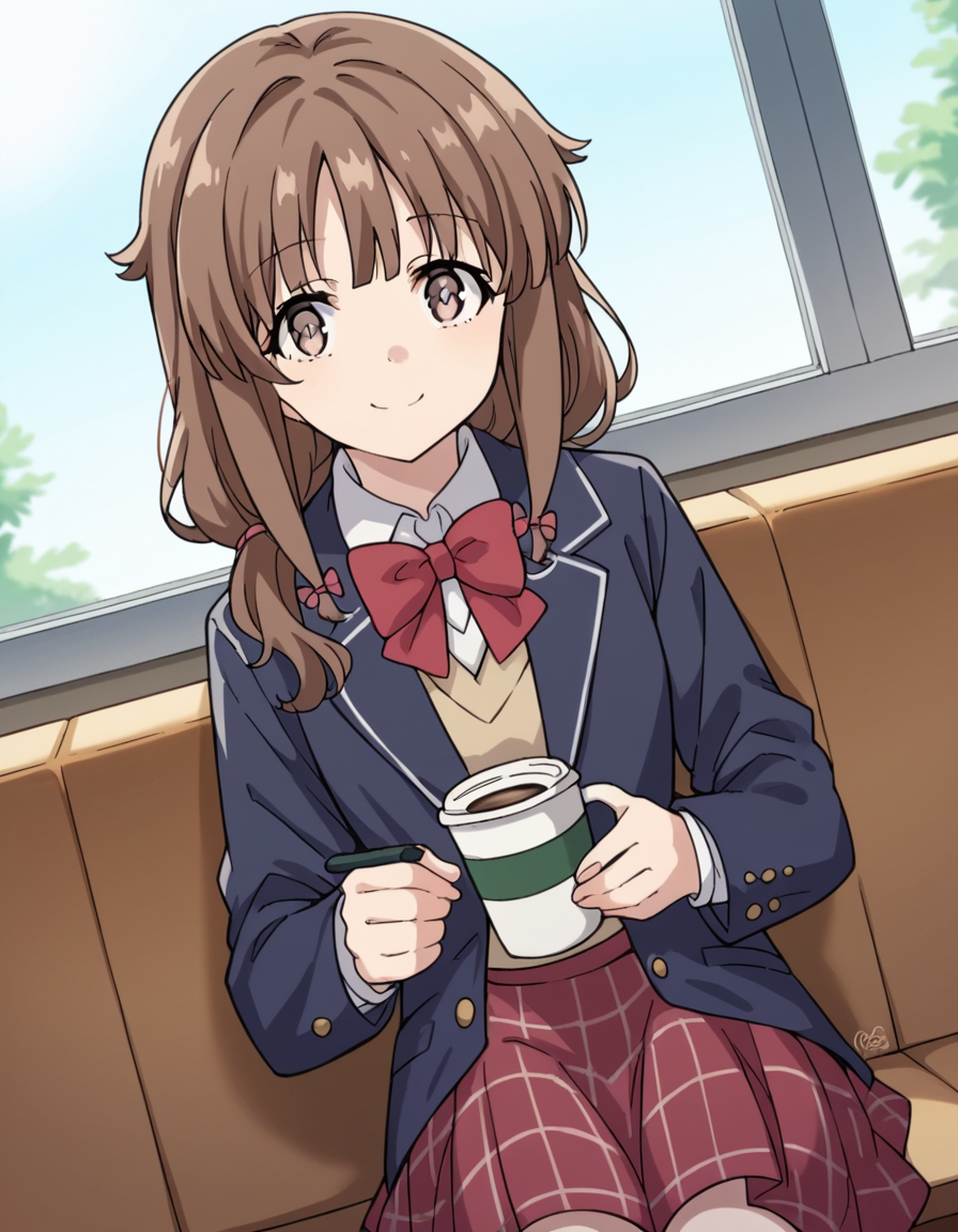 score_9, score_8_up, score_7_up, source_anime, <lora:kaede-azusagawa-s1-ponyxl-lora-nochekaiser:1>, kaede azusagawa, long hair, bangs, brown hair, brown eyes,, skirt, shirt, long sleeves, bow, school uniform, jacket, white shirt, pleated skirt, collared shirt, bowtie, red bow, black jacket, plaid, red skirt, plaid skirt, blazer, red bowtie,, cafe, coffee cup, barista, sitting down, talking, relaxing, sunlight through window, smile, looking at viewer, solo,, cowboy shot, dutch angle