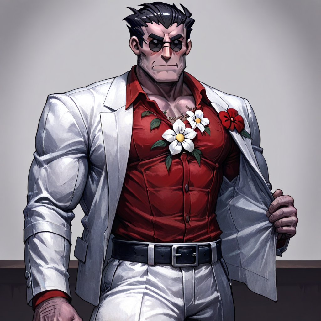 masterpiece, best quality, newest, absurdres, highres, GOTPV1.0, 1boy, helltaker (helltaker), black hair, short hair, muscular, muscular male, sunglasses,  white jacket, white pants, black belt, red shirt, formal clothes, flower in clothes, open jacket