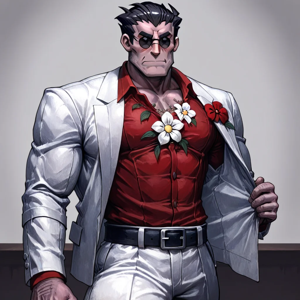 masterpiece, best quality, newest, absurdres, highres, GOTPV1.0, 1boy, helltaker (helltaker), black hair, short hair, muscular, muscular male, sunglasses, white jacket, white pants, black belt, red shirt, formal clothes, flower in clothes, open jacket