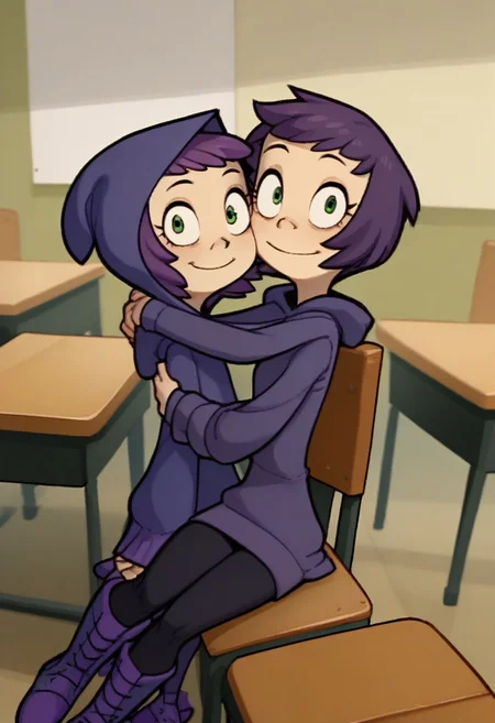 score_9, score_8_up, score_7_up, score_6_up, score_5_up, score_4_up, 2 girls in image, sitting on desks, smiling, looking at viewer, arms around each other, friends,
BREAK,
1 girl, square head, green eyes, squinch, round eyes, long hair, dark blue hair, dark blue dress sweater, black leggings, small black boots,
BREAK
1 girl, short hair, purple hair, long eyelashes, purple hoodie, purple skirt, purple shoes, , hood up