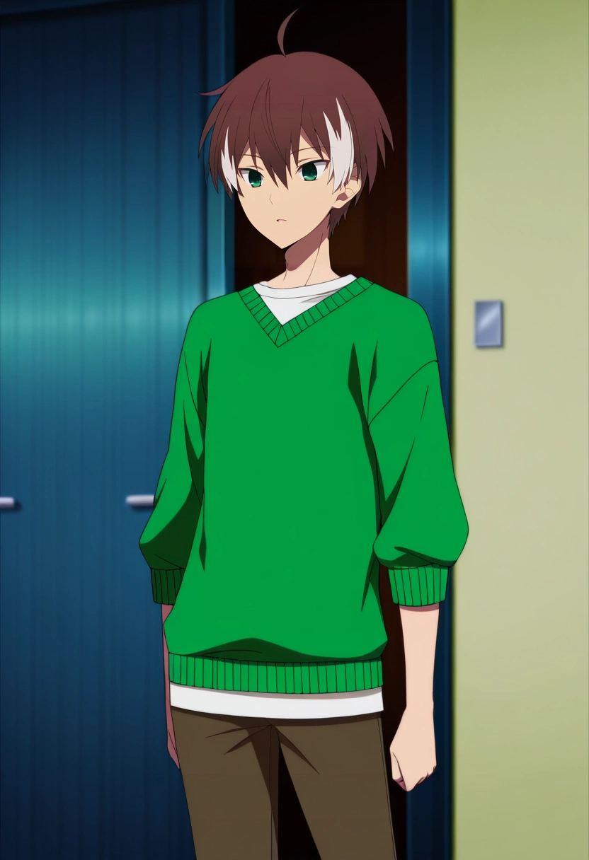 masterpiece, best quality, anime screencap, official style, anime coloring, cowboy shot, 1boy, solo, male focus, <lora:akatsuki_iride_ilxl:0.98>, akatsuki_iride, brown hair, green eyes, short hair, ahoge, multicolored hair, two-tone hair, white hair, , , Capri pants, Color-block sweater, , ,