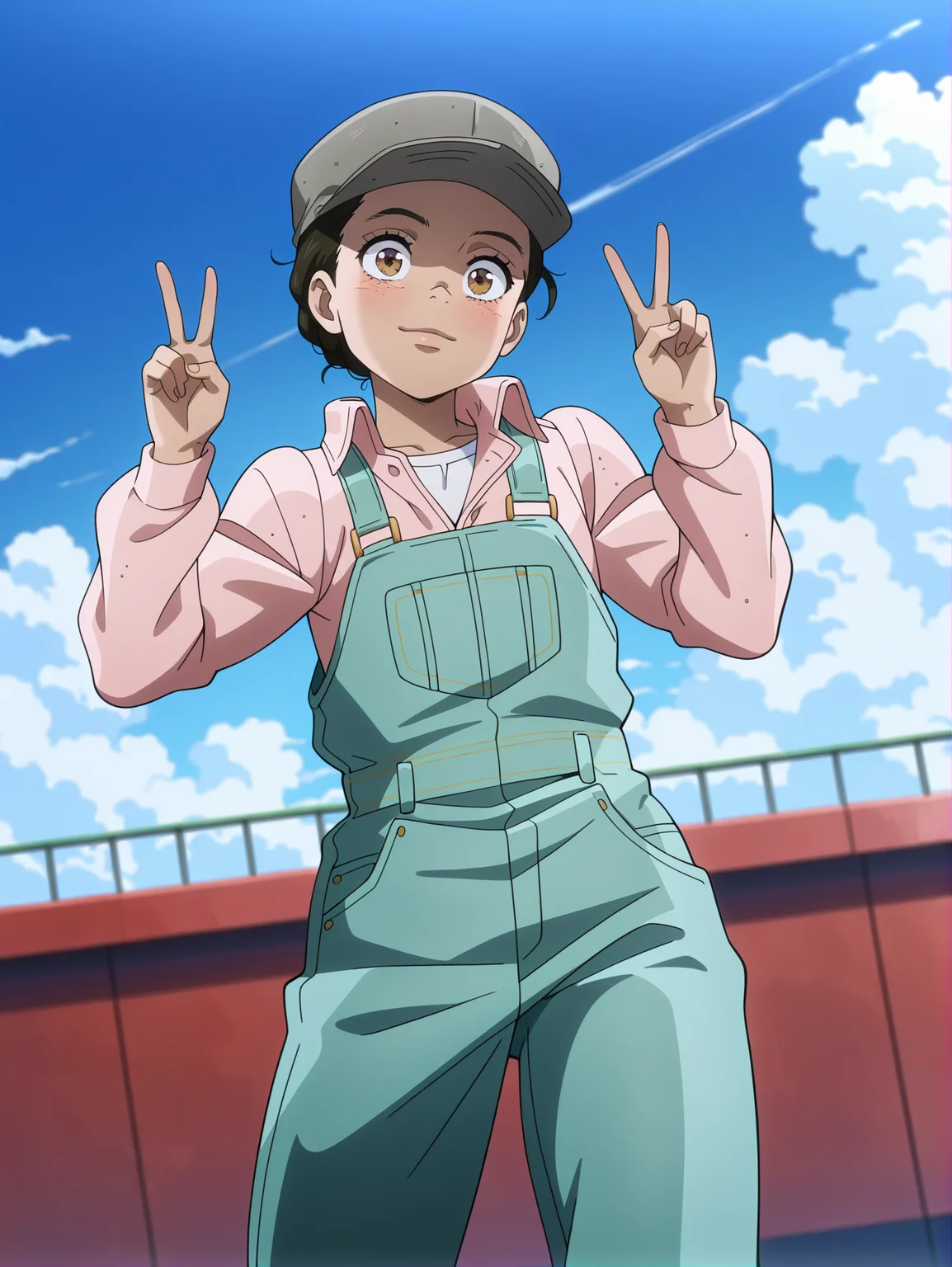 masterpiece, best quality, amazing quality, absurdres, newest, dynamic_angle, defined facial features, anime coloring, anime screencap, cloudy sky,
<lora:Anne_Merlai_IL1.1v0:1> merlai anne, brown eyes, 1girl, head tilt, pink shirt, green overalls, white undershirt, standing, cadet cap, peace sign:1.2, hair tucked into cap, short hair, hat over hair