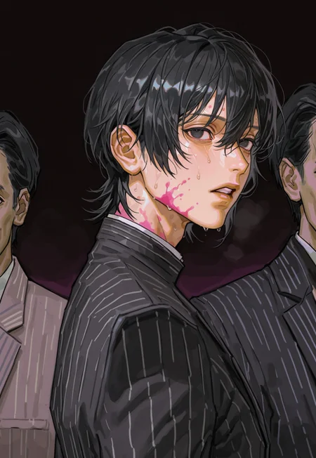 masterpiece,best quality, very aesthetic, absurdres, 1boy, short hair,black hair,black eyes, blood, hair between eyes, parted lips, jacket, looking at viewer, solo, male focus, from side, dark background, solo focus, upper body, pink blood, striped jacket, striped clothes, sweat, black jacket, teeth,HELI8REV,