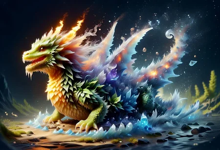 In a large sqaure broken bottle very cute petite appealing anthropomorphic tiny dragon rock, kawaii, gemstone eyes, sand mouth, moss face, dirt body, fern ears, stone teeth, looking at the viewer, macro, cinematic lighting, fantasy art, dynamic composition, epic realistic, award winning illustration <lora:FoodPets:1> Foodpets, excited face, open mouth, outside the bottle, stome table, cliffs, earth jungle, birds, fire tornado, rushing stream splashing and bubbling, wet, waterfall, boulder, ElementWind, gusts of air, stars, purple vortex in the sky