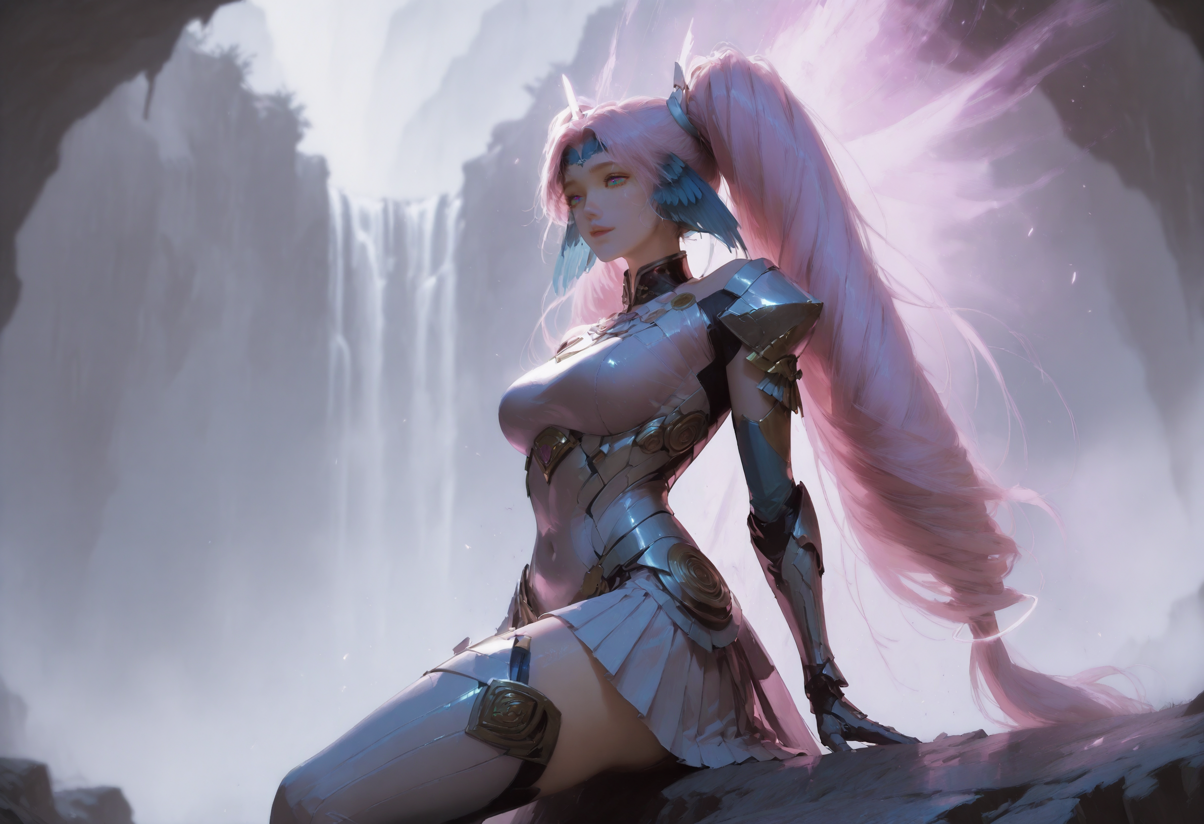 Smooth Quality - Illustrious, Masterpiece, best quality, amazing quality, very aesthetic, high resolution, ultra-detailed, absurdres, HDR, cinematic lighting, highres, newest, 
aichen, 1girl, pink hair, solo, long hair, twintails, drill hair,  purple eyes, blue head wings, blue forehead jewel, hair ornament, glowing golden rings on the twintails at the end, cowboy_shot, aurora borealis, sitting on edge, waterfall, fog, pleated_skirt, thighhighs, pink aura, photorealistic, glitch art, godrays, sunny
 <lora:69yottea_illu_v2.safetensors:1.0>, holding_lightsabers,