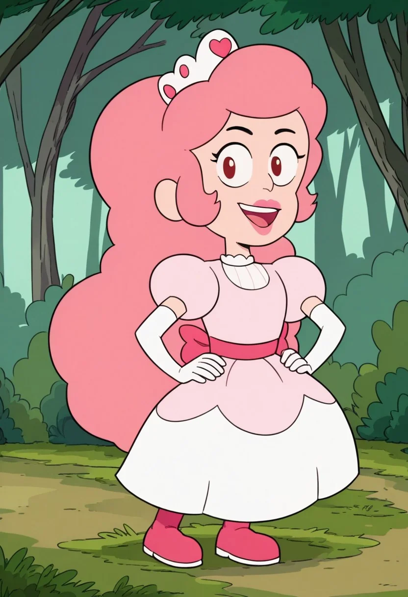 score_8, score_8_up, score_7_up, 1girl, female focus, Solo, Eliza_CotC, light pink skin, dark red eyes, black eyebrows, light pink hair, curly long hair, white tiara, light pink dress, white skirt, hot pink bow, hot pink boots, long white opera gloves, full body, smile, standing, outside, grass, forest, Sunny, Blue sky, looking at the viewer, happy, hands on hips, hean on
