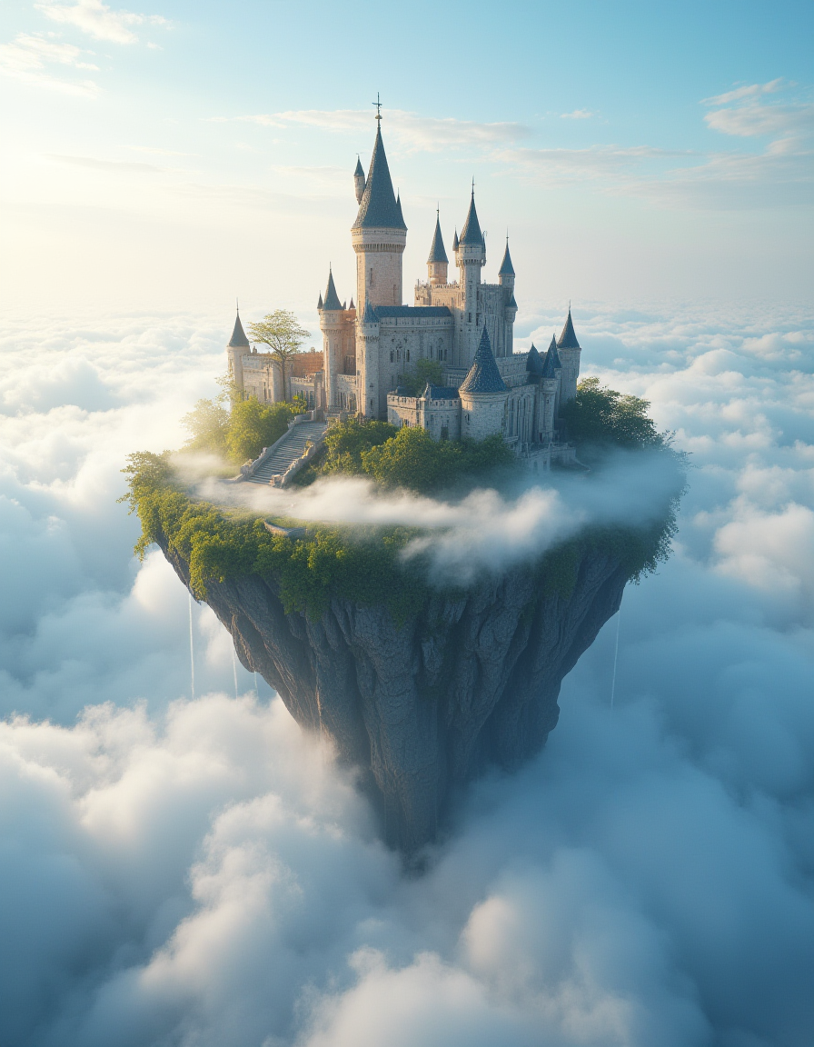 <lora:MW_Minis01flux:1> mwm01, cinematic, majestic, fantasy, T10, gold, blue, bokeh, a medieval castle with tall spires and detailed architecture, perched on a floating island covered in lush greenery, suspended high above the clouds. The surrounding environment is filled with soft, voluminous clouds and a serene blue sky, evoking a dreamlike and magical atmosphere. Sunlight casts a warm, golden glow on the castle and clouds, enhancing the ethereal quality of the scene. The view is from an elevated 3/4 angle, giving a clear, immersive perspective of the floating island and the expansive sea of clouds below. Ultra-detailed, cinematic lighting, magical realism, 8k render, fantasy illustration style. All ,are floating above a beautiful clear blue sea.