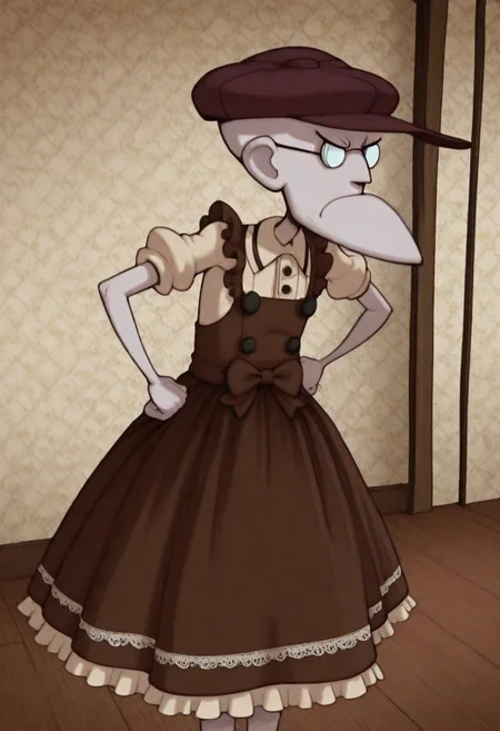 masterpiece, best quality, 1boy, Eustace, Bagge, hat, glasses, grumpy expression, dress, bow, frills, brown dress, hands on hips, cafe background, detailed background