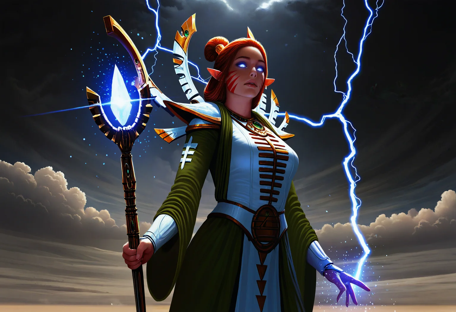 safe, masterpiece, very aesthetic, 1girl, solo, farseermacha, mature female, hair up, white armor, green robe, holding staff, magic, glowing eyes, lightning, dramatic lighting, dark background, clouds, cinematic shot, realistic, photorealism, dust, particles, wind
<lora:Macha-Warhammer_NAIXL_v10:1>