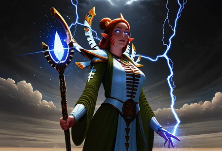 safe, masterpiece, very aesthetic, 1girl, solo, farseermacha, mature female, hair up, white armor, green robe, holding staff, magic, glowing eyes, lightning, dramatic lighting, dark background, clouds, cinematic shot, realistic, photorealism, dust, particles, wind
<lora:Macha-Warhammer_NAIXL_v10:1>