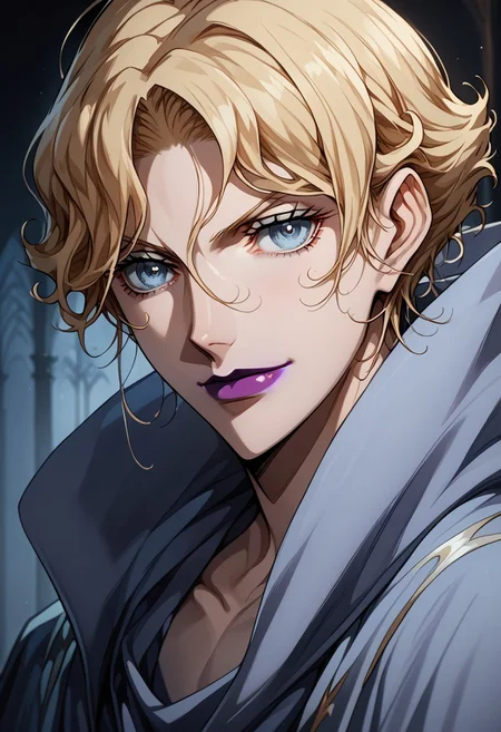 source_anime, (C4STL3V4NI4), ((score_9)),score_8_up,score_7_up,score_6_up,score_5_up,score_4_up,<lora:Castlevania_Style_Pony-v1:0.7>, Castlevania_Style, Castlevania Style, 1woman, brita_(darker_than_black), long_hair, blonde_hair, blue eyes, purple_lips, vampire,