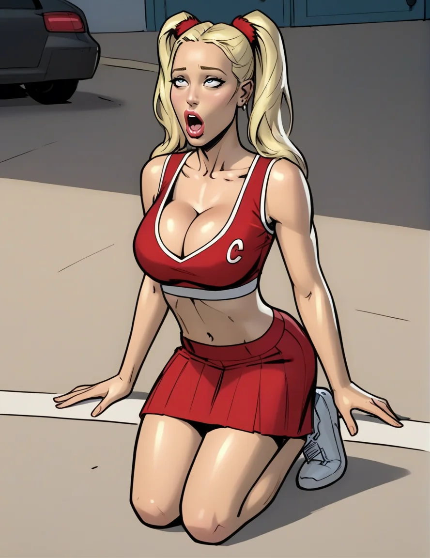 score_9, score_8_up, score_7_up, source_western, source_questionable, nsfw, western cartoon, detailed scene, BREAK, full body shot, 1girl, cox_kitty_cheer, blonde hair, twintails, red top, clothing logo, sleeveless top, midriff, red skirt, white trim, cleavage, downward pound, faceless male, fucked silly, <lora:Cox_Kitty_Pony_Cheer-10:.75>