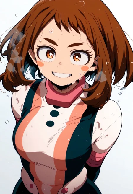 flatshinyskin, score_9, score_8_up, score_7_up , 1girl, 1girl, mosaic censoring, smile, slight seductive pose,, medium breasts, sweating, breasts,, long skirt, 1girl, solo focus, Upper body, hands behind back, wet, sweaty, sweating, steam
ochako_uraraka, 1girl, score_9, score_8_up, score_7_up, brown hair, brown eyes, white pupil, blush stickers, bodysuit, simple background, solo focus, perfect body, curvey, thick waist, thick body, skin tight dress, , front view, front focus, looking at viewer, seductive expression, smile, teeth, ANIMESTYLE
adult, oval face shape, long forehead bangs, milf, ADULT, long forehead bangs, bangs over eye,