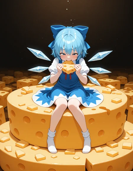 masterpiece, best quality, amazing quality, 1girl, solo, cirno, sitting on cheese, cheese, too many cheese, eating cheese, cheese background,