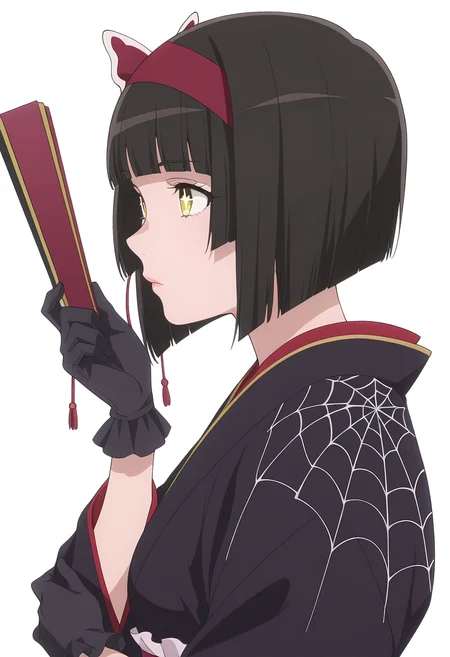 Smooth Quality,masterpiece, ultra realistic,
simple background, white background,
from side,+ +,hand on own elbow ,
 <lora:MioCnn:0.8> Mio/Cnn, 1girl, short hair, bangs, japanese clothes, kimono, yellow eyes, hairband, blunt bangs, black gloves, black hair, spider web print,butterfly hair ornament,folding fan,
