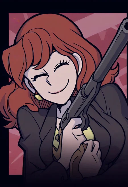 Masterpiece, best quality, aesthetic, high resolution, 1girl, solo, fujiko from lupin III, fujiko_mine, , holding a gun , looking at viewer, happy, big smile, wink, sending a kiss, Vanripper
