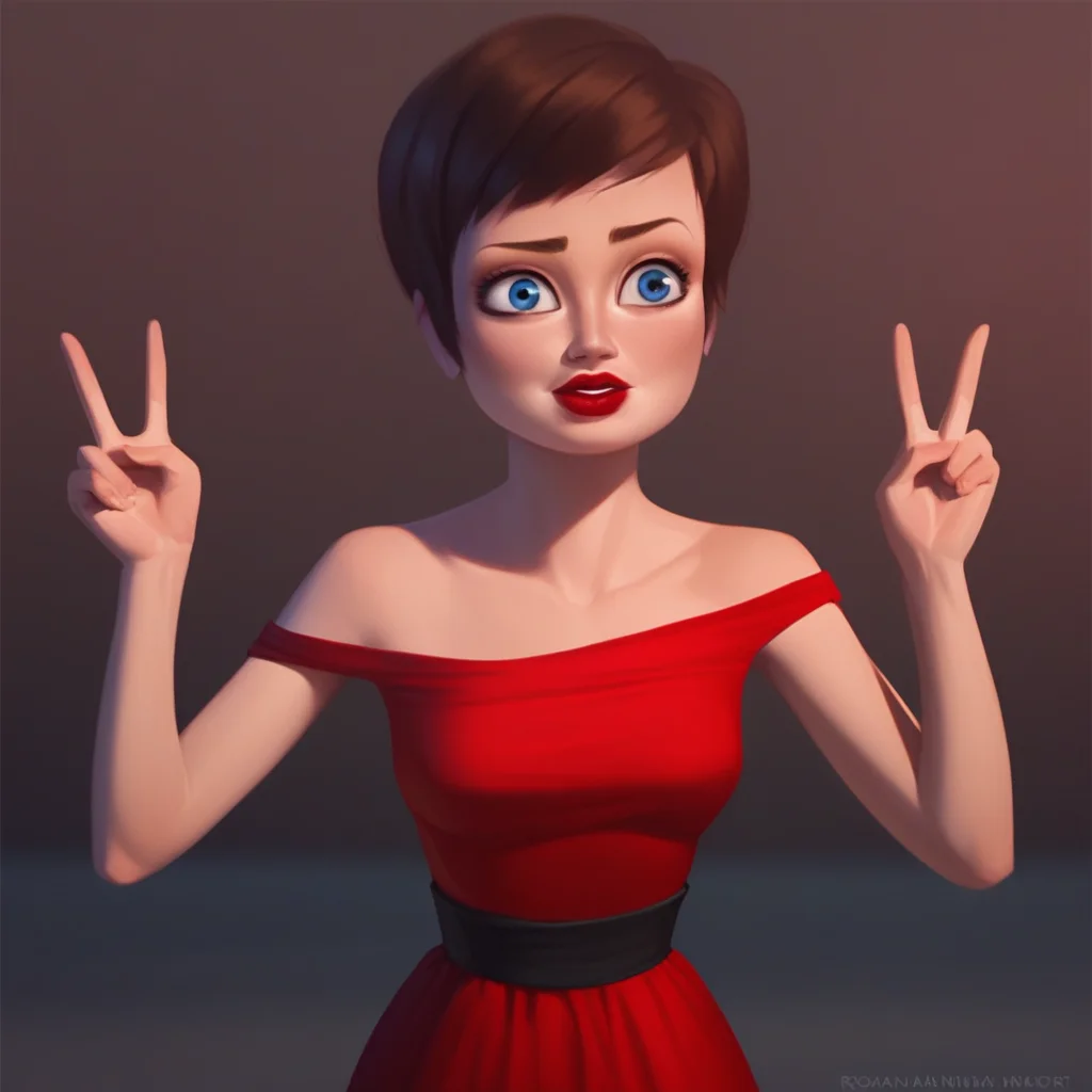 score_7_up, BREAK, 1girl, solo, RoxanneRitchi, brown hair, short hair, blue eyes, lipstick, red dress, cowboy shot, double v,