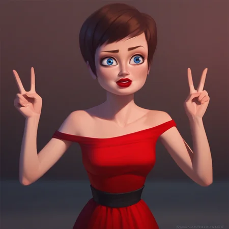 score_7_up, BREAK, 1girl, solo, RoxanneRitchi, brown hair, short hair, blue eyes, lipstick, red dress, cowboy shot, double v,