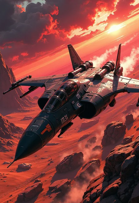 in the style of ck-mgs, A digital artwork in the style of cknc, a futuristic, highly advanced variable space fighter, small armoured spacecraft, flying rapidly over a rocky, arid planet. The fuselage is dark and has military insignia, and has a large air intake. The sky has dark clouds, and is a surreal red, sunset