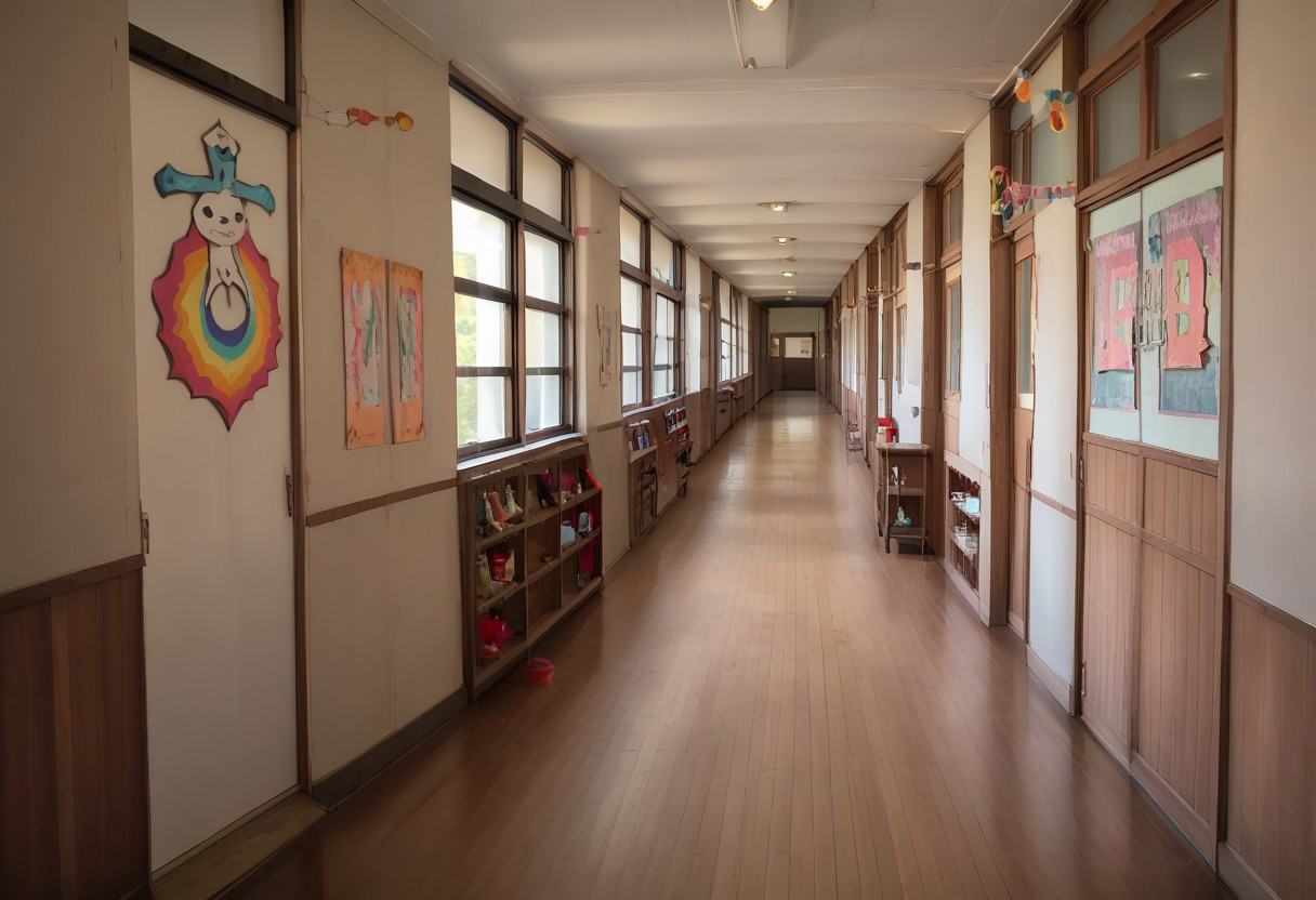 score_8_up, source_anime, japanese_school_hallway, colorful, bright colors
