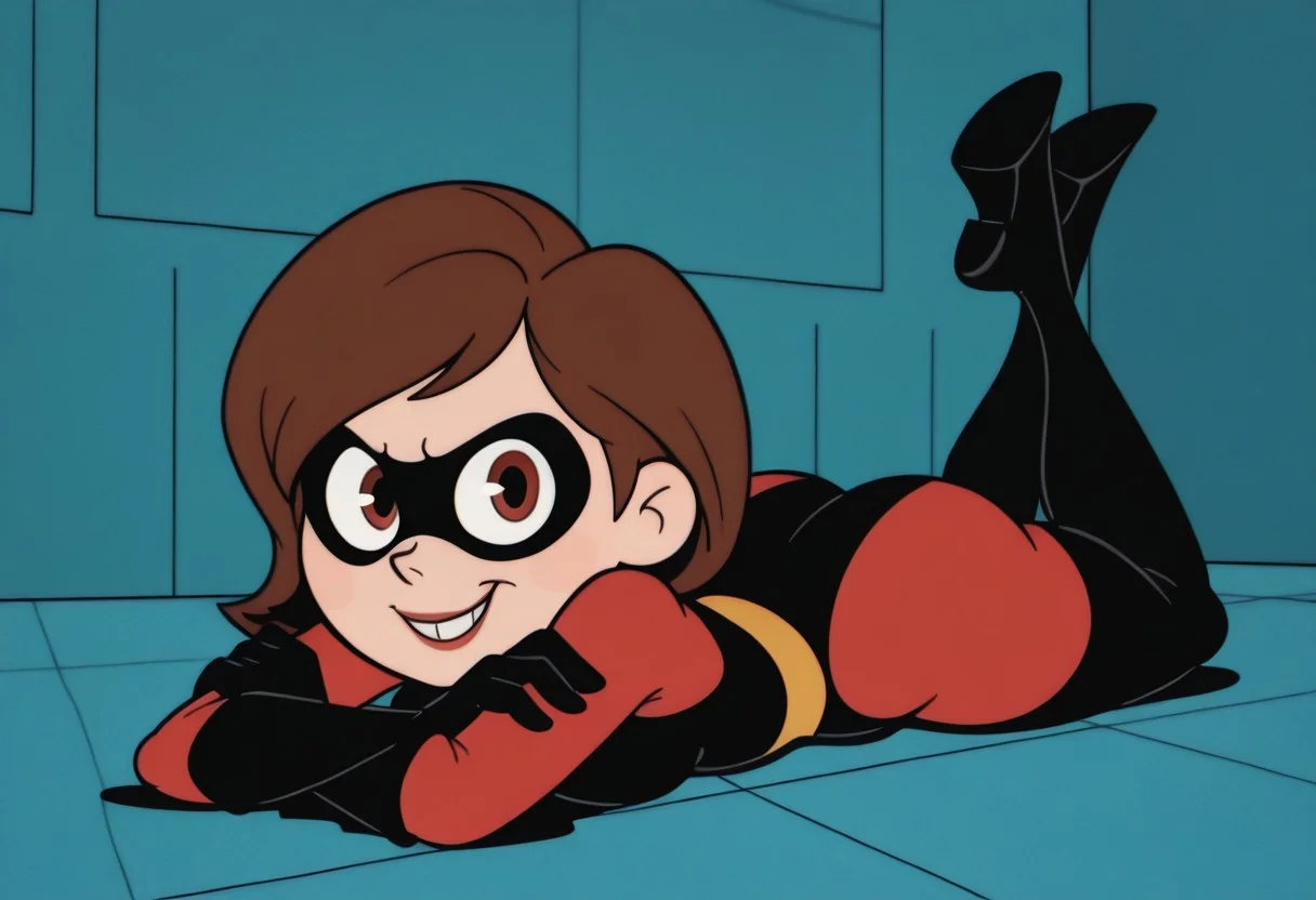 RetroXL, toon \(style\), flat color, 1girl, helen parr, superhero costume, red and black costume, looking at viewer, crossed arms, smile, lying on stomach, legs up, (masterpiece,best quality,newest,absurdres,highres) <lora:HelenParr_NAI:1>