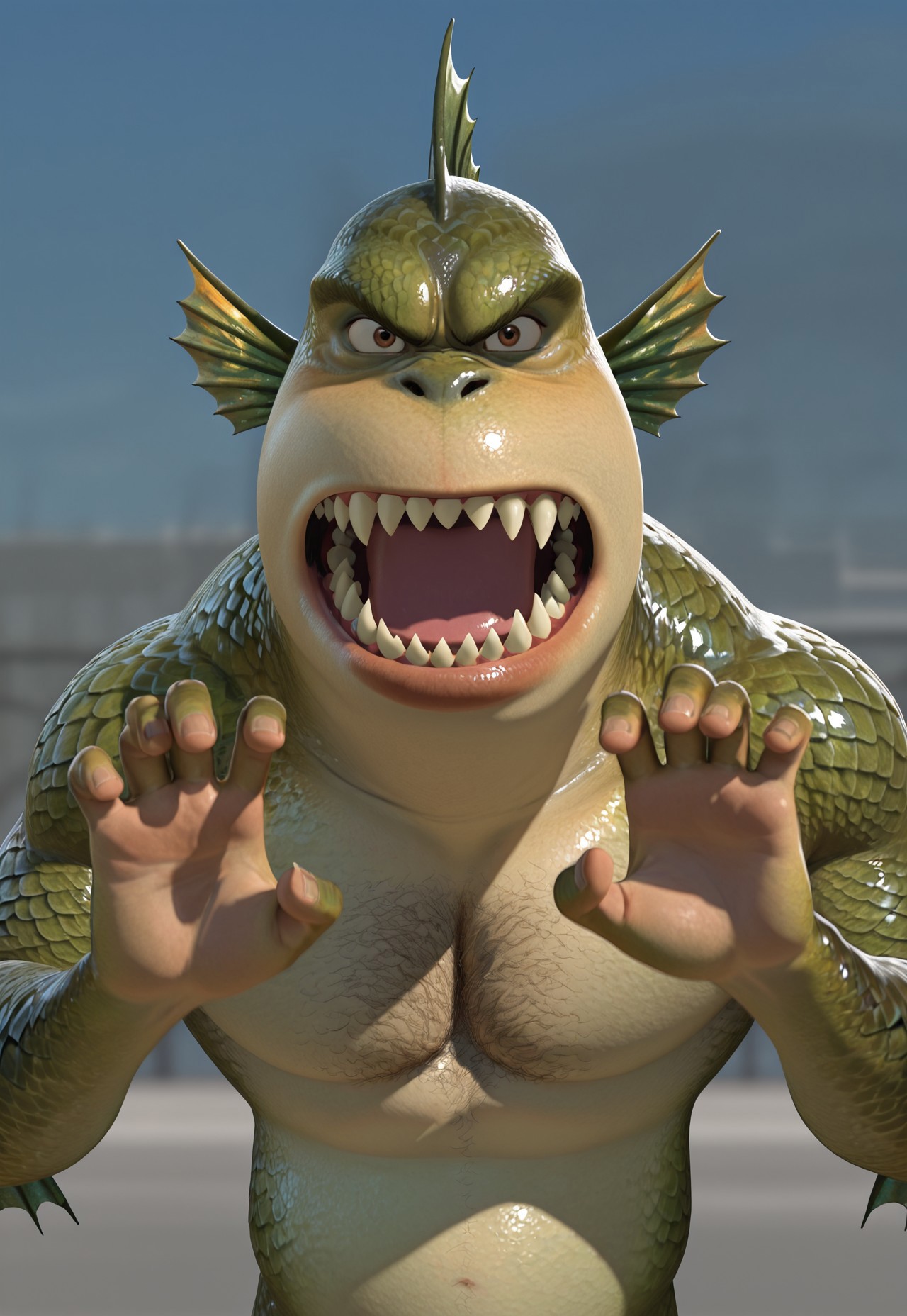 masterpiece, best quality, amazing quality, detailed background, intricate details, dynamic, cinematic, animated, anime realistic shading, solo, male focus, 1boy, handsome, tmlk, monster boy, green scales, two-tone skin, head fins, brown eyes, back fin, arm fin, chest hair, tail, hands up, claw gesture, angry face, sharp teeth, looking at viewer, abstract background