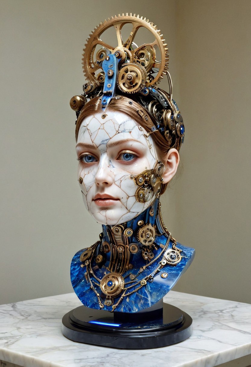 clockwork wind up head, made from gears and pistons and pullies, flowing blue power circuits, on a marble desk in a museum, in a display stand, female upper half body, Dramatic lighting. 
cinematic masterpiece, 
OverallDetail, SteamPunk