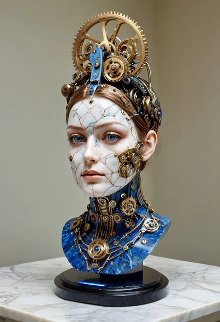 clockwork wind up head, made from gears and pistons and pullies, flowing blue power circuits, on a marble desk in a museum, in a display stand, female upper half body, Dramatic lighting. 
cinematic masterpiece, 
OverallDetail, SteamPunk