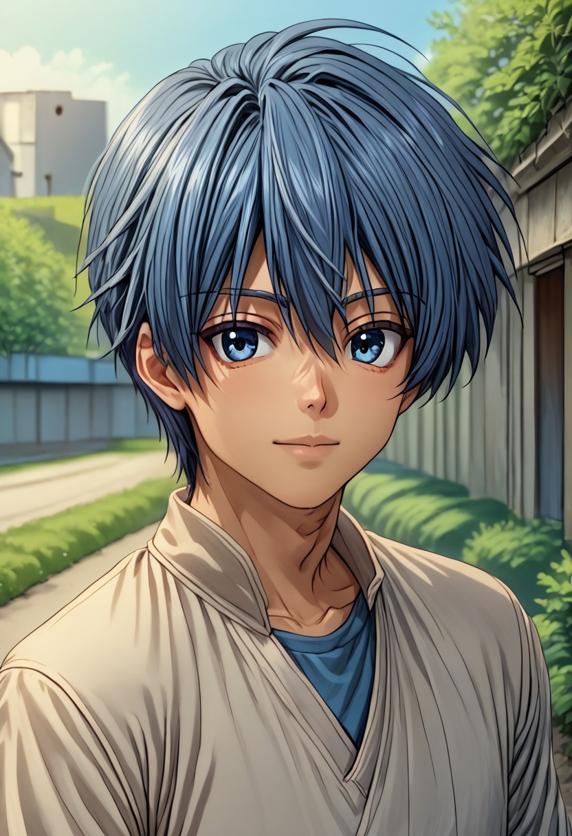 high resolution, solo, best quality, 1Boy, Tomoya Okazaki, Grey Blue Hair, blue eyes, portraits, proud, outdoor, Half Body, Depth Of Field,