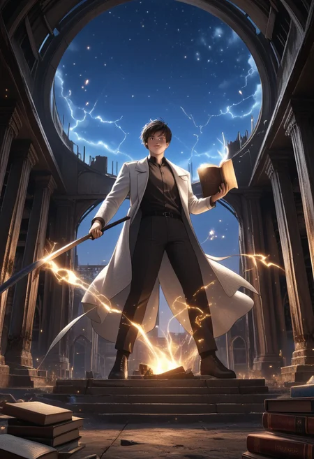 KimDokja, brown eyes, black hair, short hair, Kim clothes, smiling, holding a book in one hand and a sword in the other, sparks of electricity jumping in the background, detailed eyes, full body shot, night, starry sky, beautiful sky, detailed background, abandoned city, ruins, ((detailed face)),
He wields a glowing, celestial sword,