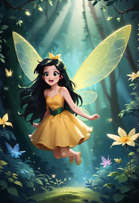 masterpiece, high quality, a girl flying through a magical forest, cute, black long hair, yellow dress,Fairy Wings , j_huiben