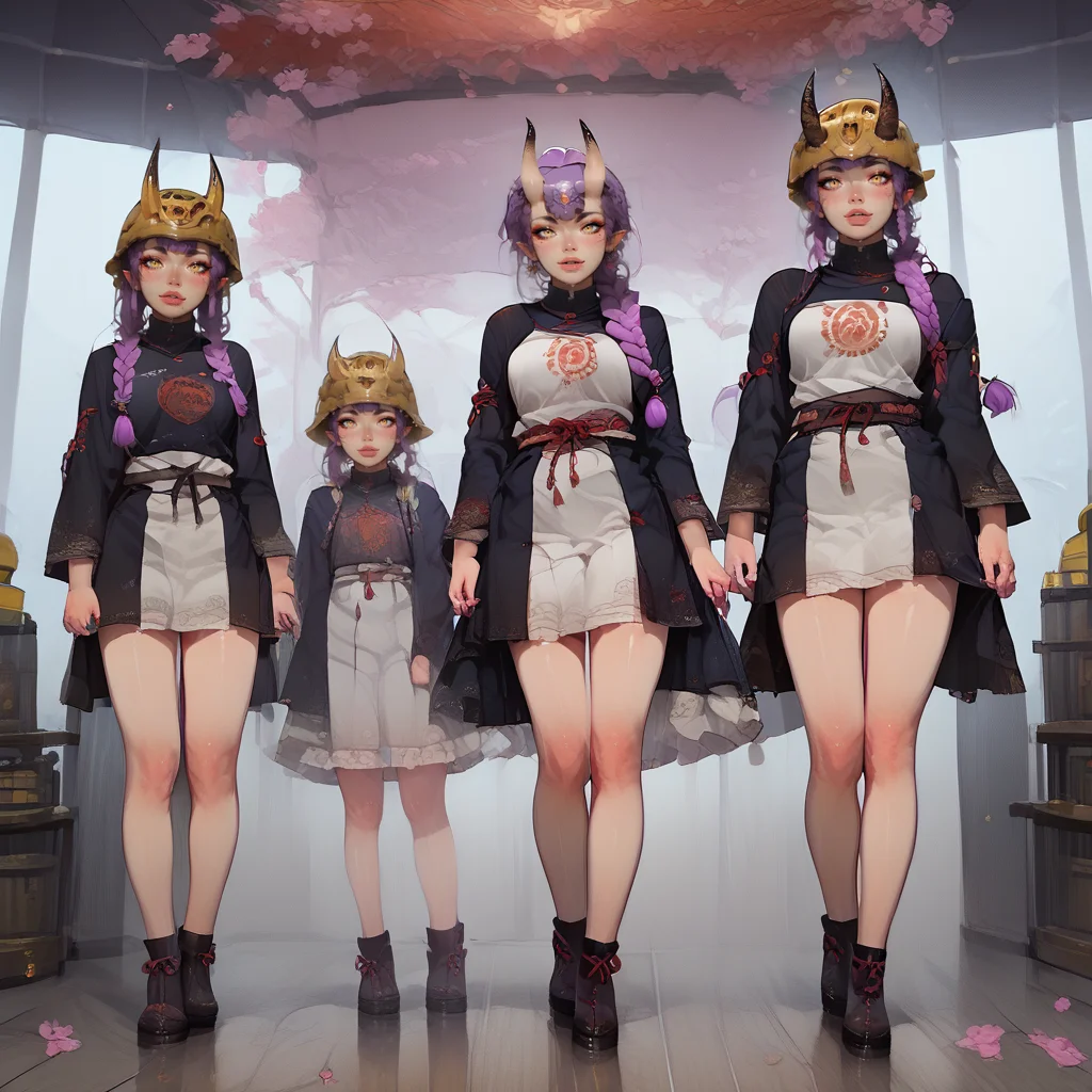 (score_9,score_8_up,score_7_up), purple hair,, braided ponytail ,(all the girls are wearing site outfit, yellow helmet:1.7) , (all the girls are demon:1.4), ((always 3 slime girls)),
BREAK
(detailed background:1.3),
BREAK
<lora:Age_difference_Lascalae_r1:1>, 4ge_pr0gress1on_lascalae, age difference, triptych, 3 girls, multiple view, clothed, sfw,
<lora:backgroundsetXL:0.7>, inside japanese temple, by night, perfect moonlight creating a fascinating atmosphere,
<lora:Oni_Samurai_Girl_Lascalae_wb_mixed_P_FB:1>, s4mura1g_lascalae, horns,