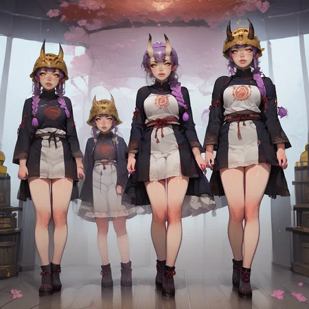 (score_9,score_8_up,score_7_up), purple hair,, braided ponytail ,(all the girls are wearing site outfit, yellow helmet:1.7) , (all the girls are demon:1.4), ((always 3 slime girls)),
BREAK
(detailed background:1.3),
BREAK
<lora:Age_difference_Lascalae_r1:1>, 4ge_pr0gress1on_lascalae, age difference, triptych, 3 girls, multiple view, clothed, sfw,
<lora:backgroundsetXL:0.7>, inside japanese temple, by night, perfect moonlight creating a fascinating atmosphere,
<lora:Oni_Samurai_Girl_Lascalae_wb_mixed_P_FB:1>, s4mura1g_lascalae, horns,