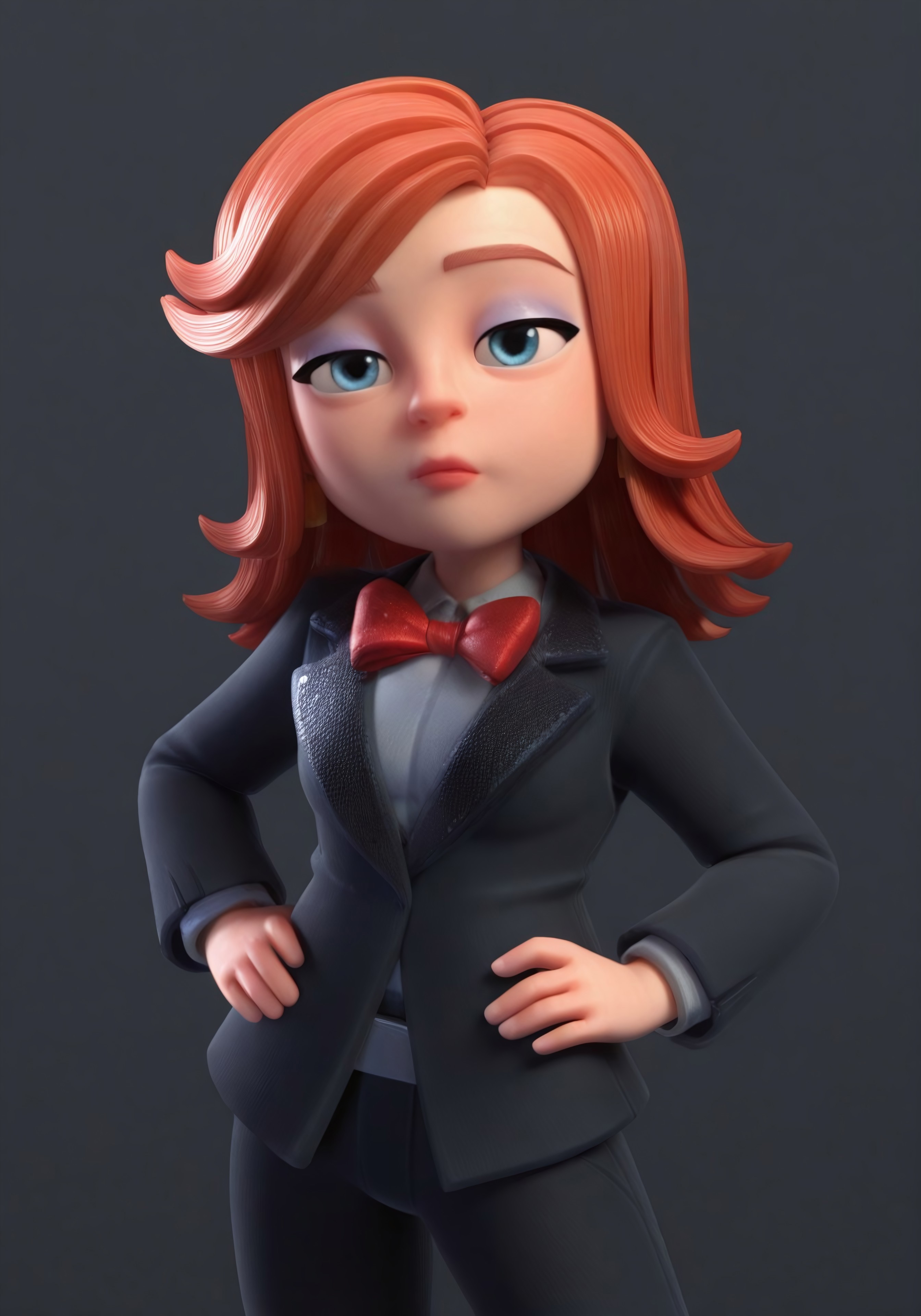 general,highres, ultra-detailed,very aesthetic,best quality ,best hands,
1girl, villagerwwe, orange hair, blue eyes, suit, red lipstick, red papillon, big eyes, bored, raised eyebrows, hips, looking at viewer, suprised