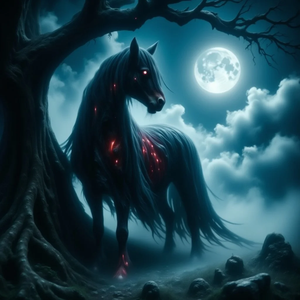 A vampire horse stands proudly beside a gnarled tree, its black cape flowing dramatically in the misty night air. The full moon casts an eerie glow on the fog-shrouded landscape as the equine creature's eyes burn with an otherworldly intensity.