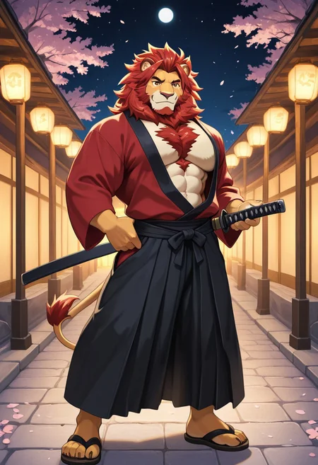 furry male, solo, MaximusKC, lion boy, red hair, furry male, muscular male, bright cyan eyes, red chest hair tuft, 5 fingers, dynamic pose, j0gg0rm0l0n1ll, nu119h05t2, masterpiece, best detail, closed up view, warm lights, Japanese garden background, lantern lights, night, sakura blossoms, hand on katana sheath, red kimono with blazing patterns, black hakama with jade ornament, sandals, eye focus, dark_eye_focus, perfect eyes, spiky hair, maroon chin beard, standing, slick back hair, one hand exposing chest,