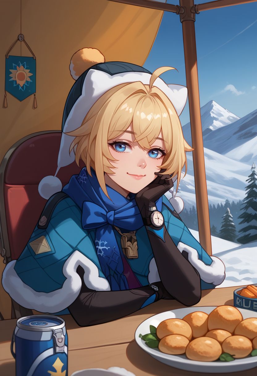 score_9, score_8_up, score_7_up, source_anime, 1girl, lynxlandaudef, blue eyes, blonde hair, short hair, ahoge, hat, blue scarf, fur trim, fur-trimmed capelet, blue capelet, white jacket, winter clothes, blue pantyhose, snowflake print, black elbow gloves, watch, fur-trimmed boots, bag, can, sitting, on chair, table, head rest, smile, closed mouth, looking at viewer, portrait, close-up, upper body, facing viewer, tent, outdoors, snow, mountain, fish, food, <lora:LynxLandau_v1-000010:1>